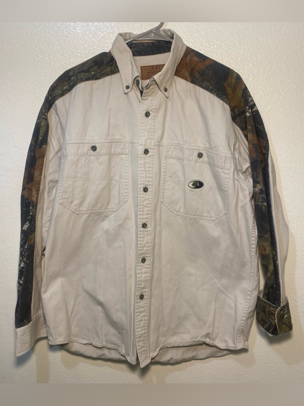 Mossy Oak Apparel Open Range Shirt Men’s Large Khaki Camo Colorblock Button Up